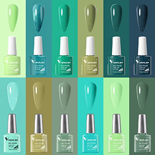 VENALISA 12pc Green Gel Nail Polish Set, Sage Emerald Mint Olive Light Green Color Nail Polish, High Gloss Soak Off Gel Nail French Nail Manicure Salon DIY