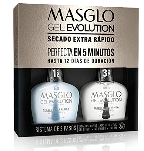 MASGLO GEL EVOLUTION Nail Polish Gel Effect, No UV/Led Lamp, Duration Up to 12 days 2 PCs (Base - Top Coat) for Manicure