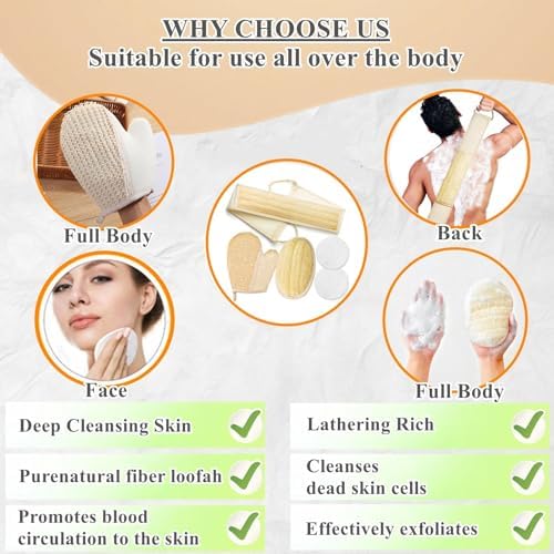 Exfoliating Natural Loofah Sponge Back Scrubber for Shower, Loofah Sponge Pads & Exfoliating Glove, Bath Shower Scrubber for Men and Women