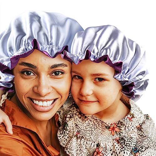 Mommy and Me Bonnet Set Satin Bonnet Sleep Cap, Adjustable Hair Bonnet for Women and Baby, Kids, Toddler (0-3 Years Old) Curly Hair Cap Double Layer (Purple/Blue)