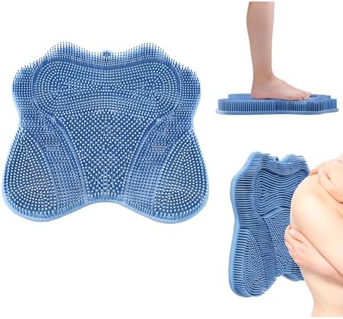 XXL Large Foot Scrubber Mat & Silicone Back Scrubber with Butterfly Form Design,3 Brush Designs for Deep Cleaning Shower Foot Scrubber Mat, Wall Mounted Back Scrubber Silicone Bath(Blue)