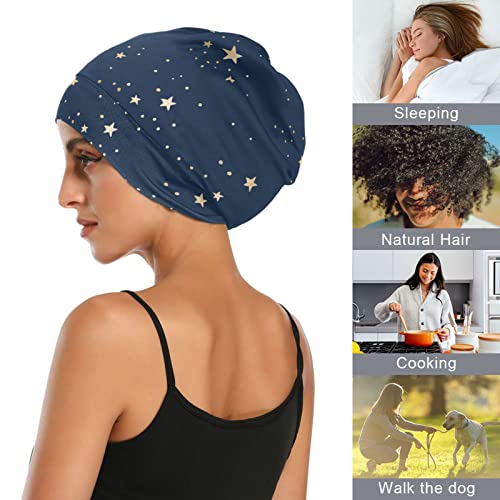 Satin Bonnet Lined Sleep Cap Hair Wrap Cover Slouchy Beanie for Curly Hair Protection for Gifts for Men Women Dark Blue Stars