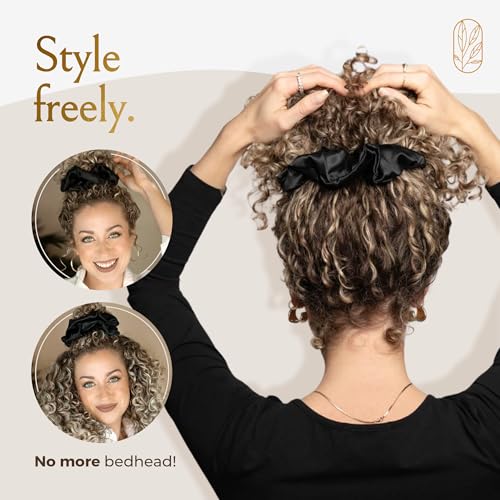 Silk Scrunchies for Women Ponytail Holders – Oversized Mulberry Silk Scrunchies – Extra Large No Damage Hair Ties for Curly, Thick, and Thin - Hair Accessories for Women – Black, XL By Curlfriend