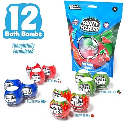 Tub Works® Fruity Fizzers™ Bubbling Bath Bombs for Kids, Variety 12 Pack | Dye-Free & Naturally-Derived | Gentle Kids Bath Bombs for Fizzy, Fruity, Bubbly Fun | Toddler BathBombs with Fruit Extracts