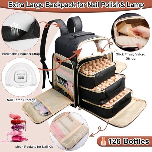 Elegant Black Backpack Organizer, Holds 126 Nail Bottles, Extra Large Nail Kit Supplies Storage with 3 Removable Cases, PU Leather Organizer for Travel
