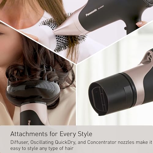 Panasonic Nanoe Salon Hair Dryer with Quick-Dry Oscillating Nozzle, Diffuser Attachment for Curly, Wavy Hair, 3-Speed Heat Setting for Easy Styling & Healthy Hair, EH-ANA6HN (Black/Pink Gold)