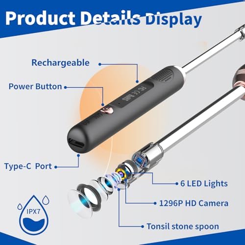 Tonsil Stone Remover with Camera，Tonsil Stone Removal Tool with LED Light，TonsilCleaner for Tonsil Stone Removal，Tonsillolith Removal Tool with 4 Head ，Attachments for iOS & Android