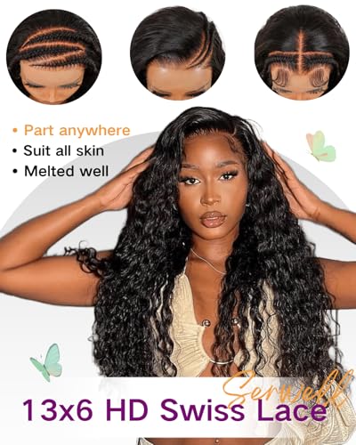 serwell 28 Inch Water Wave Lace Front Wigs Human Hair 13x6 HD Lace Front Wigs Human Hair 200% Density Wet and Wavy Lace Front Wigs Human Hair Glueless Deep Wave Lace Front Wigs Pre Plucked