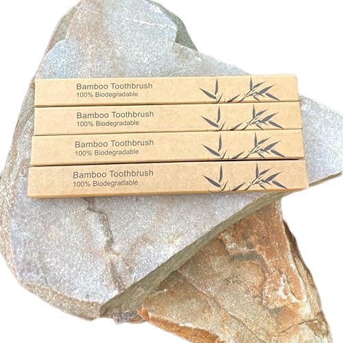 Natural Bristle Toothbrush [4-Pack], Ultra Soft Castor Bean Bristles, 100% Biodegradable, Plant Based Bristles and Bamboo Handle