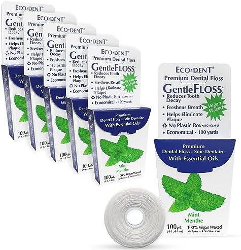 Eco-Dent GentleFloss Dental Floss, Waxed, Mint - Floss with Vegan Plant-Based Wax, Recyclable Cardboard Packaging, 100 Yds Ea (Pack of 6)