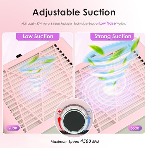 Nail Dust Collector Nail Tech, 80W Powerful Suction Nail Extractor Vacuum with Reusable Filter & Brush, Adjustable Electric Nail Fan Dust Vacuum for Acrylic Gel Nail Polishing Manicure Tool