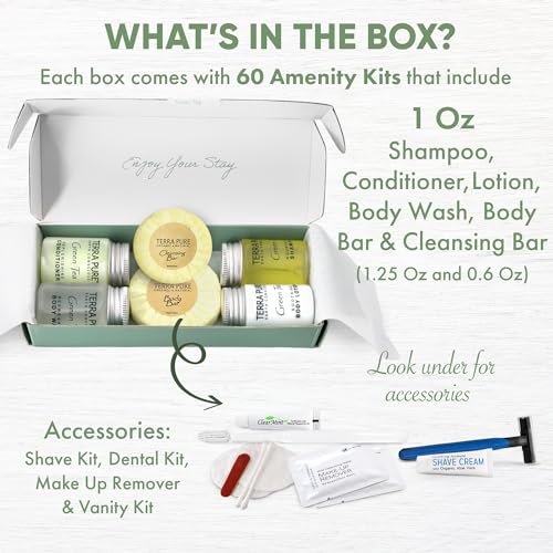 Terra Pure Green Tea Amenity & Accessory Kit | 1 oz Travel Size Shampoo, Conditioner, Lotion, Body Wash, 2 Soap Bars, Shave & Dental Sets, Make-Up Remover Wipes, & Vanity Kit | 60 sets per case