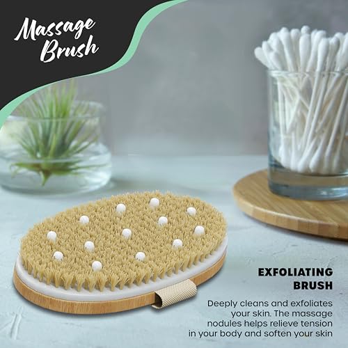 Nevlers Natural Boar Bristle Dry Brushing Body Brush 4-Piece Massage Set | Detachable Long Wooden Handled Back Scrubber, Exfoliating Body Scrubber, Small Exfoliating Face Brush, & Cloth Travel Bag