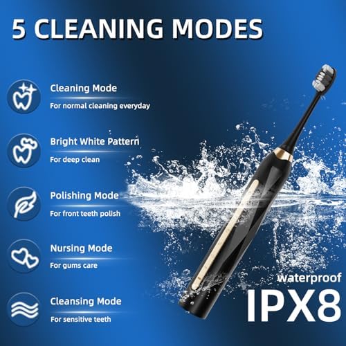Electric Toothbrush Set, Equipped with 12 Brush Heads and 1 face Brush Head, IPX8 Waterproof, 42000 high-Frequency Vibration, Ultra Whitening Toothbrush for Adults,Black