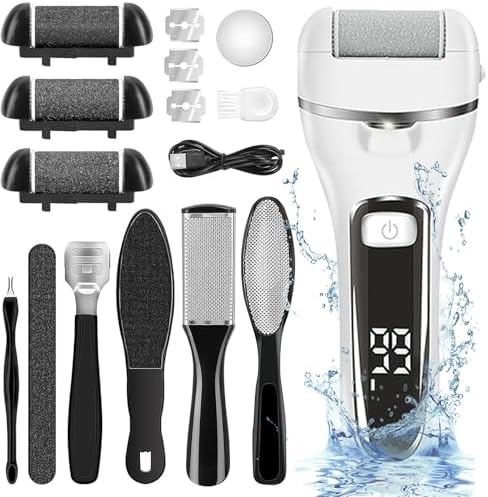 Premium Electric Callus Remover for Feet | Rechargeable Foot File, Electric Foot Scrubber | 18 Piece Pedicure kit for Cracked Heels & Dead Skin with 3 Roller Heads by Quantum Lux (Diamond White)