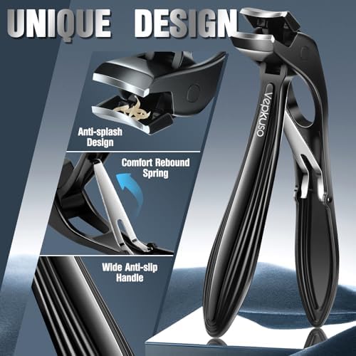 Toenail Clippers&Nail Clippers for Seniors Thick Nails - Professional Nail Clippers Set for Men/Women, Manicure Kit with Angled Head, Stainless Steel Toe Nail Cutter & File (Black(BC))