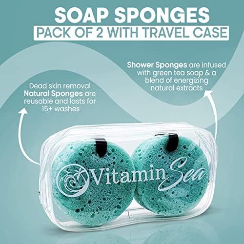 Travel Size Body Wash Women Shower Sponges (2 Pack) | 30 + Washes Travel Loofah with Case | Travel Body Wash Women Shower Sponge Soap w/Natural Extracts | Travel Soap Sponge Body Wash (Ocean Breeze)