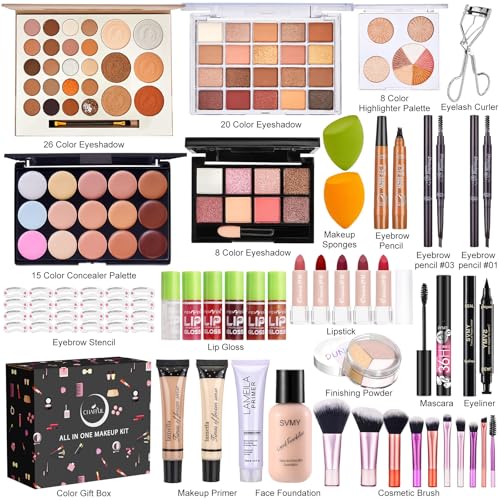 All in One Makeup Kit, Makeup Kit for Women Full Kit, Make Up Gift Set for Women, Makeup Essential Bundle Includes Foundation Eyeshadow Palette Concealer Lipstick Eyeliner Mascara Cosmetic Brush Set