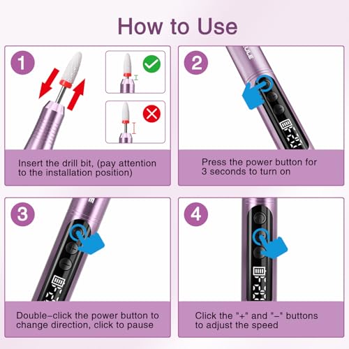 Electric Cordless Nail Drill File: LED Display Professional Portable Nail Drill for Acrylic Gel Dip Powder Nails Manicure Pedicure Kit Tool with Nail Drill Bits Sanding Bands, Purple