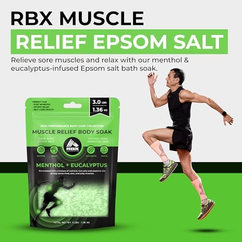 RBX Epsom Salt Bath Soak 5lb – Magnesium Flakes Muscle Relief, Menthol & Eucalyptus Essential Oils, Foot Soak for Athletes, Pain Relief, Detox, Resealable, All Natural, Cruelty Free