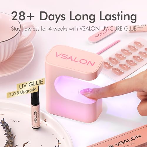 VSALON Press On Nails Short Almond, 32 Pcs 16 Sizes Purple Cat Eye Press On Nails French Tip Acrylic Fake Nails With UV Glue Reusable Stick On Nails Semi-transparent False Nails Summer Gifts For Women