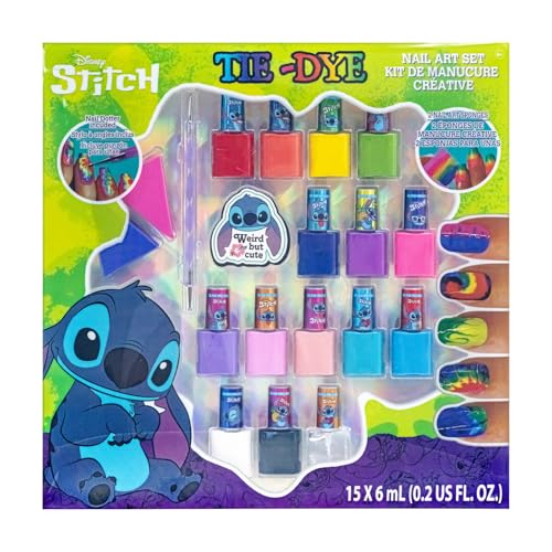 Townley Girl Disney Stitch 15 Piece Water-Based Nail Art Activity Makeup Set, Includes Nail Polish, Nail Brush and Nail Files, For Parties, Sleepovers and Makeovers, Ages 6