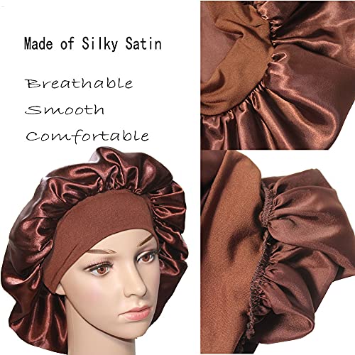 VEYRNEIC Hair Satin Bonnet for Sleeping Shower Caps Silk Chemo Caps with Wide Elastic Band Night Sleep Cap Bonnets for Black Women Braids with Satin Storage Bag(Brown)