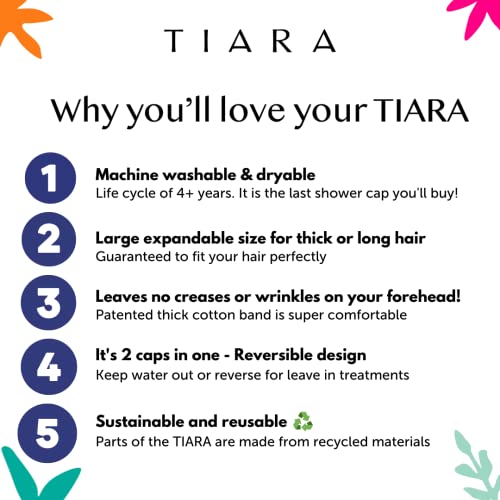 TIARA 2-in-1 Luxury Shower Cap for Women Reusable Waterproof – Hair Cap for Long & Short Hair – All Size Fit Flexi Shower Cap, Terry Lined Leakproof Cloth (Patented), Soft & Breathable