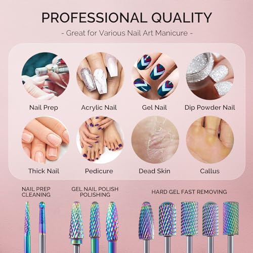MelodySusie Nail Drill Bits Set, 10pcs Tungsten Carbide Nail Bits for Nail Drill E-file, 3/32 inch Bits Manicure Pedicure Remover Tools for Acrylic Gel Nails, Salon Home Nail Care Supplies, Colorful