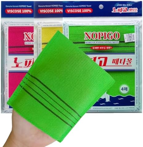 The Original Korean Exfoliating Mitt Body Scrub-12pcs (green4 red4 yellow4). Asian Exfoliating Bath Washcloth for Dead Skin, Bath Sponge,Body exfoliate Glove.