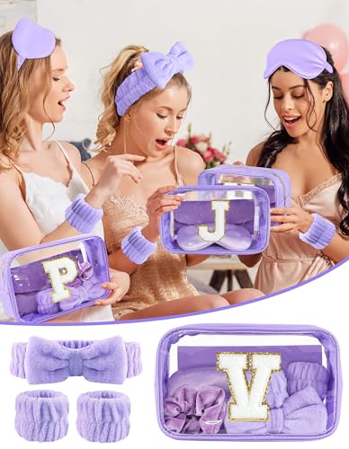 Gift Sets for Women, Initial Makeup Bag with Makeup Brush Set Bachelorette Party Favors, Purple Spa Kit with Skincare Headbands Wrist Bands Sleepover Party Supplies Gifts for Teen Girls Bridesmaid V
