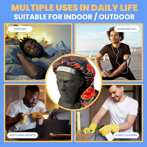 Premium Satin Hair Bonnet for Men Curly Hair, Dreadlock Loc Cap Silk Double Layer Sleeping & Shower Wrap Anime Bonnet Soft Band