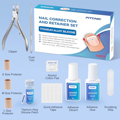 Titanium Alloy Ingrown Toenail Treatment, Ingrown Toenail Corrector Kit Specially Designed for Curved Nail Repair with Clip & Pusher & Protector Tool