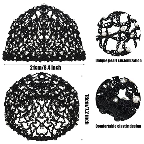 MTLEE 2 Pcs Black and Gray Mesh Crochet Pearl Hair Snood Rayon Knit Crocheted Sleeping Cap Net for Women Long Curly Hair