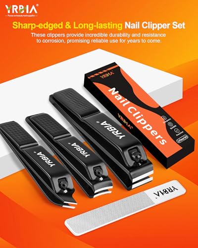 Nail Clippers with Glass Nail File, YRBIA Ultra Sharp Nail Clipper Set, Professional Stainless Steel Fingernail & Toenail Clippers Nail Cutter Set for Men & Women Black