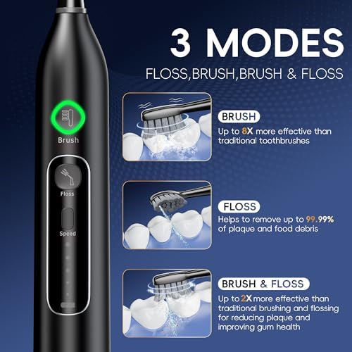 Electric Toothbrush with Water Flosser Combo, 3 Sonic Cleaning Modes, 5 Flossing Speeds, 4 Brush Heads, Portable Flossing Toothbrush for Adults Teeth Cleaning for Plaque Removal