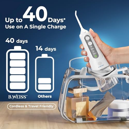 Water Flosser Cordless Pick for Teeth, 4 Modes, Gentle on Gums, Removes Plaque & Food Particles, B. WEISS High-Power, Rechargeable & Waterproof Oral Irrigator; 6 Tips Included, Porcelain White