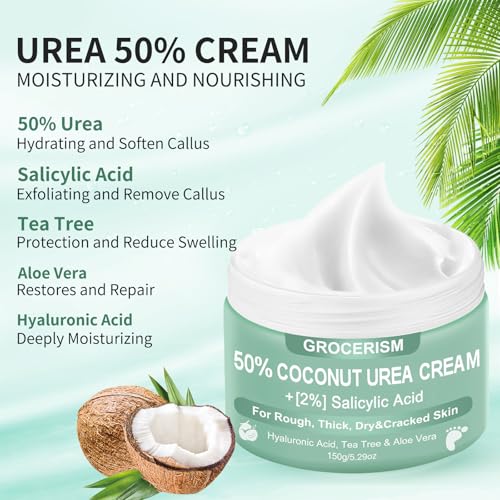 Urea Cream 50 Percent for Feet Maximum Strength 5.29 oz with Coconut and 2% Salicylic Acid, Foot & Hand Cream included Hyaluronic Acid, Tea Tree and Aloe Vera for Deep Moisturizing, Callus Removing