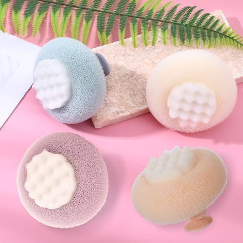 Super Soft Sunflower Suction Cup Bath Ball, 2 in 1 Exfoliating Bath Sponge, Loofah with Suction Cup, Body Sponges for Shower, Bathing Sponges for Women (Purple + Pink + Blue + Beige)