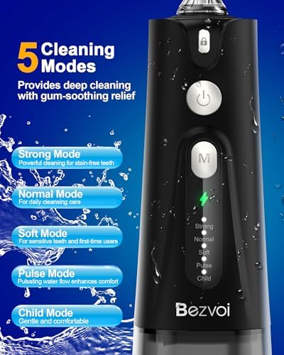 Water Flosser Teeth Pick: 5 Modes Cordless Water Dental Floss 300ML Portable Rechargeable IPX7 Waterproof Electric Water Flossing Cleaning Picks with 6 Jet Tips Oral Irrigator Cleaner, Black