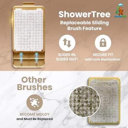 Wall-Mounted Back & Body Shower Scrubber | Replaceable Brush with Exfoliating Bristles for Back & Skin Care (Tan)