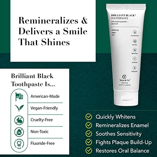 Terra & Co. Brilliant Black Hydroxyapatite Toothpaste for Whitening Teeth – USA-Made - Natural Remineralizing Toothpaste, Fluoride-Free, Vegan, SLS-Free, Low Abrasion – Mint, 3.4 oz