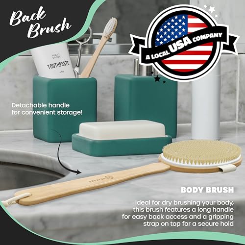 Nevlers Natural Boar Bristle Dry Brushing Body Brush 4-Piece Massage Set | Detachable Long Wooden Handled Back Scrubber, Exfoliating Body Scrubber, Small Exfoliating Face Brush, & Cloth Travel Bag