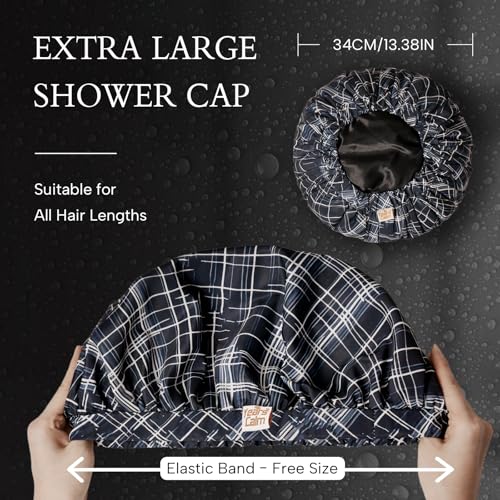 Years calm Shower Cap for Men Waterproof Reusable - Fashion Dual-Layer Design, Adjustable Elastic Band for Long & Curly Hair, XL Bath & Spa Cap for Travel, Satin Lined Shower Cap Black