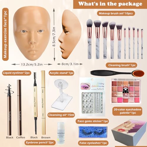Makeup Mannequin Face Kit, Silicone Face for Makeup Practice Full Face for Must Haves, Mannequin Eye Face for Makeup Practice with Makeup Brushes Set & Eye Shadow & Eyebrow Pencil(Wheat)
