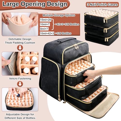 Elegant Black Backpack Organizer, Holds 126 Nail Bottles, Extra Large Nail Kit Supplies Storage with 3 Removable Cases, PU Leather Organizer for Travel
