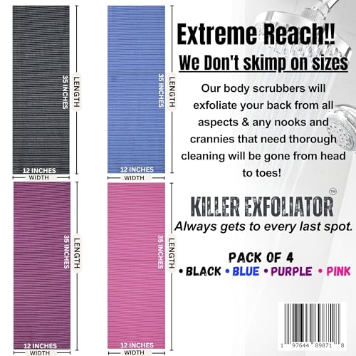 Premium Extra-Rough Japanese Exfoliating Body Scrubber: Extra Long, Hygienic, Body Scrubber Exfoliator for Men & Women - 4 Count Pack (Black, Blue, Purple & Pink)