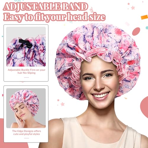 Luxury Shower Cap for Women Reusable Waterproof, Double Layered Shower Caps Bonnet with Adjustable Elastic Strap, Large Satin Lined Shower Bath Cap for All Hair Lengths-Ladies Gift Pink-Flower
