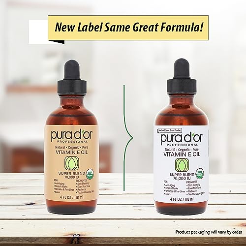 PURA D'OR 4 Oz Vitamin E Oil Blend 70,000 IU & Rosehip Seed Oil Hair Relaxer 100% Pure Cold Pressed USDA Certified All Natural Moisturizer For Anti-Aging, Acne Scar Treatment, Gua Sha Massage