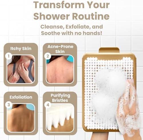 Wall-Mounted Back & Body Shower Scrubber | Replaceable Brush with Exfoliating Bristles for Back & Skin Care (Tan)